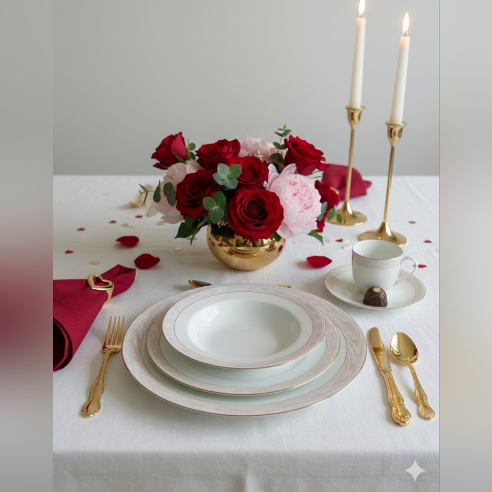 Mikasa Silk Moire Elegant White Gold and Pink 6 PC Dinnerware Set